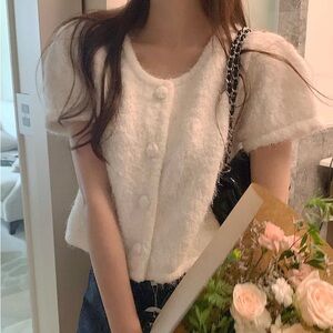 Fluffy Ivory Knit Short-Sleeve Cardigan Top
